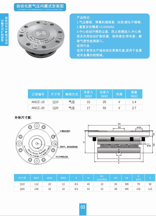 自动化款球锁型零点定位器ANCZ-10、ANCZ-20/ANCZD-10S、ANCZD-20S、ANCZD-40S/ANCZ-10S、ANCZ-20S、ANCZ-40S自动化款
