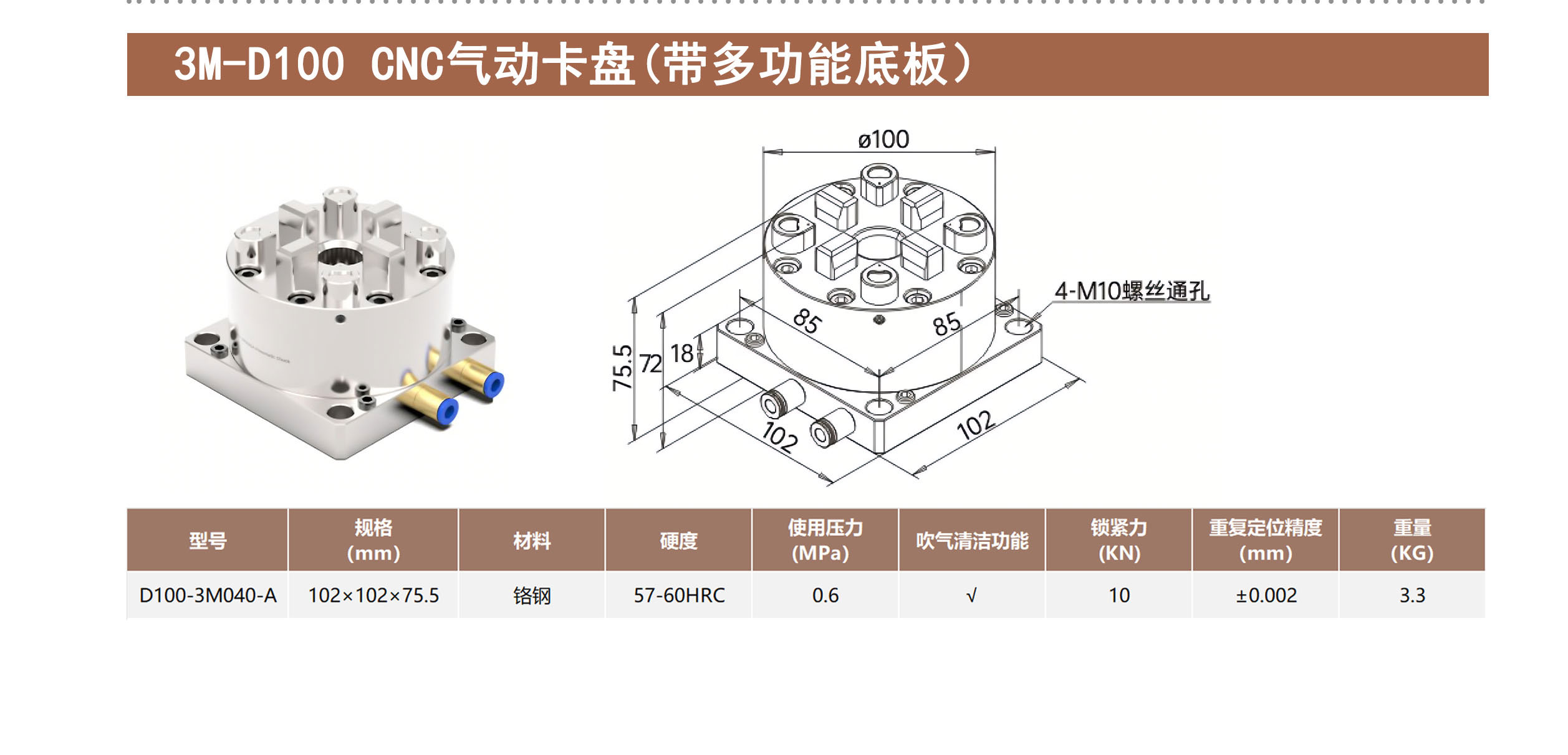 3M-D100 CNC气动卡盘(带多功能底板)